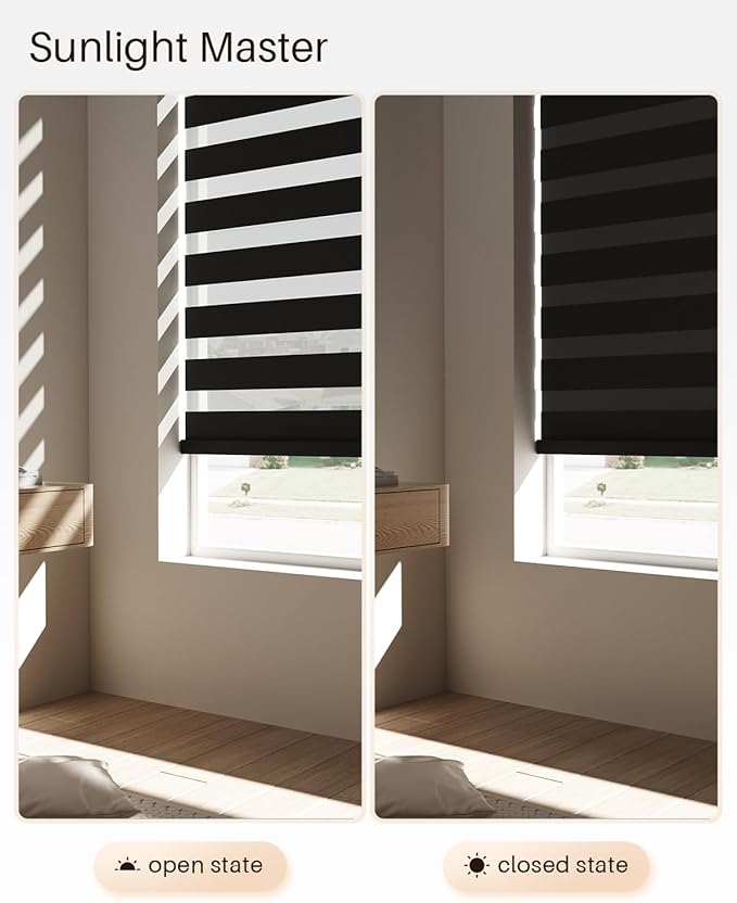 Smart Zebra Blinds for Windows, Alexa Motorized Blinds with Remote Control, Automatic Electric Power Zebra Shades for Indoor Windows (20" W x 72" H, Black)