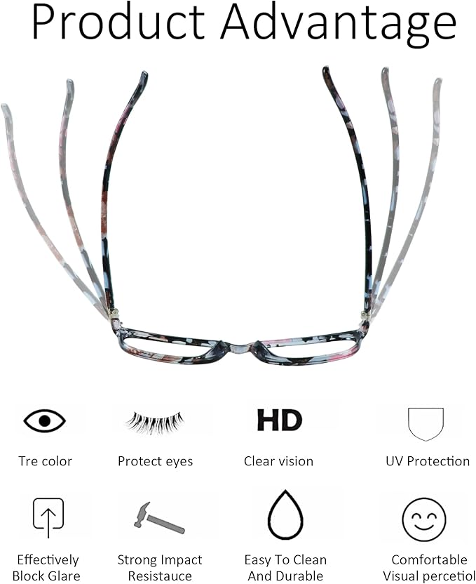 VisionGlobal Blue Light Blocking Glasses for Women, Anti Eyestrain, Computer Reading, TV Glasses, Stylish Square Frame, Anti Glare(+0.50 Magnification)
