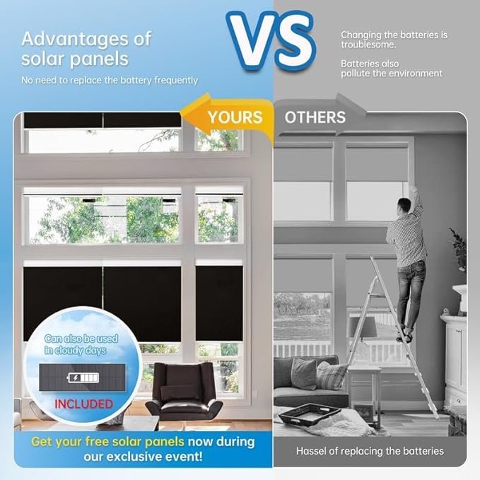 DENFOON Motorized Blinds with Remote,Thermal Electric Blinds【Solar Panel】,Customizable Automatic Roller Shades, Blackout Remote Control Blinds for Windows Upgrade to Smart Blinds, Black,31" W x 72" H