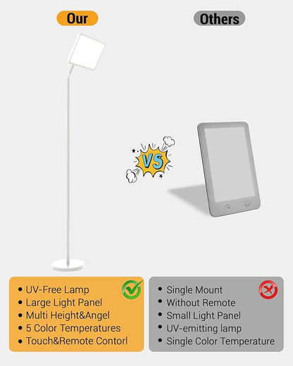 Light Therapy Lamp 12000 Lux UV-Free Full Spectum Floor Therapy Lamps, 4 in 1 LED Sun Lamp, 10 Brightess Levels, 5 Color Modes, Remote&Touch Control, Adjustable Timer/Height/Angle, White