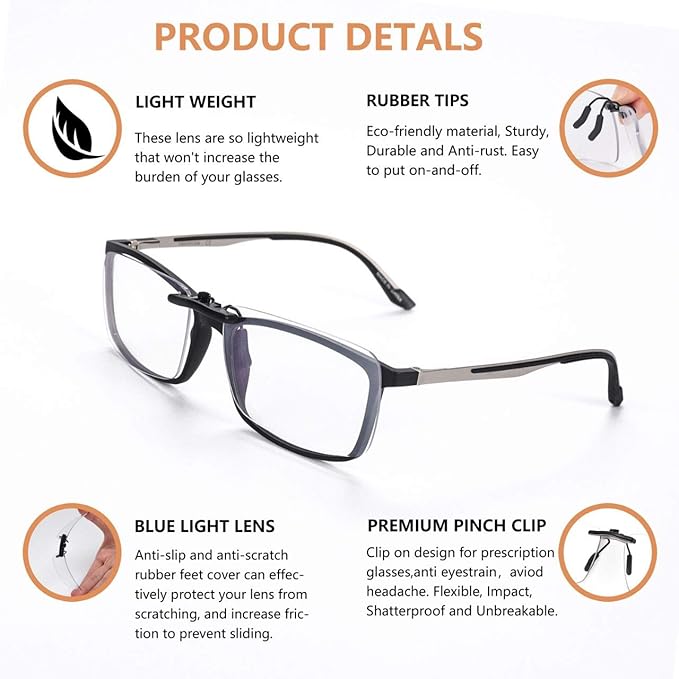 FONHCOO Clip on Blue Light Blocking Glasses Womens Mens over Prescription Glasses Frameless Lens Anti Eyestrain Headaches