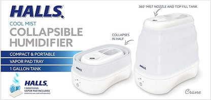 Crane x HALLS Collapsible Cool Mist Humidifier for Bedroom and Office, 1 Gallon Portable Humidifier for Travel and Easy Storage, Blue and White