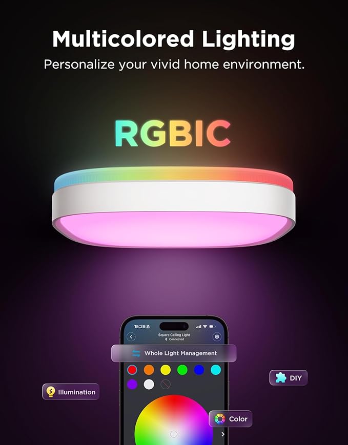 Govee Smart Ceiling Light, RGBIC LED Square Ceiling Light Fixture Works with Matter, 2400LM Flush Mount Light Fixture, DIY Colors, 2700K-6500K Dimmable for Bedroom, Living Room, 12 Inch, 1 Pack