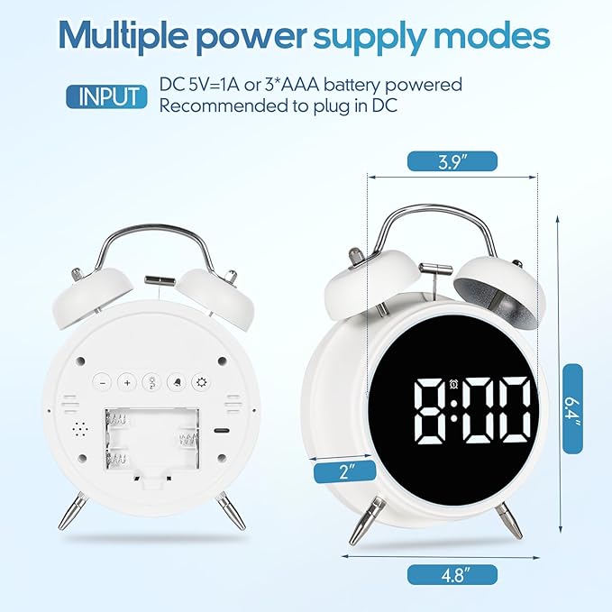 Extra Loud Alarm Clock for Heavy Sleepers Adults, Teens,Kids,Cute Retro Metal,Old Fashioned with Twin Bells,Battery Operated or Plug in,Small Digital Desk Clock