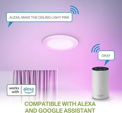 ASD 6 Pack LED Smart Recessed Lighting 6 Inch 15W, RGBW Color Changing Lights, Compatible with Alexa & Google Assistant, Dimmable 2700K-6500K Selectable RGB Lights, WiFi Bluetooth Ceiling Light, ETL