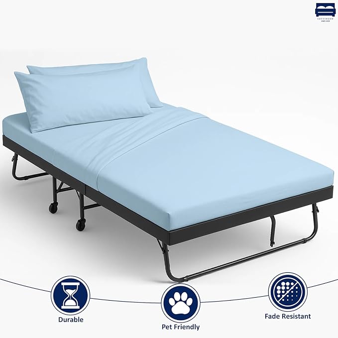 Cot Sheet and Pillow Case 4 Piece Set - 1 cot Fitted Sheet 33" x 75", 1 cot Flat Sheet 64"x 94", 2 Pillow Cases 20"x 30" Perfect for Folding Guest Bed Frame,Rollaway Beds (Light Blue Solid)