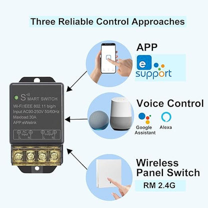 30A Hight Power WiFi Smart Switch Relay, use Ewelink APP Remote with Timer, with 2.4Ghz Wireless Transmitter, Compatible with Alexa & Google Home