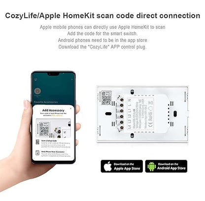 Smart Light Switch, Wi-Fi Enabled, White Glass Panel, Compatible with Apple HomeKit, Google Assistant, Alexa, No Neutral Wire Required, Touch Control (Wall Switch 2 Gang)