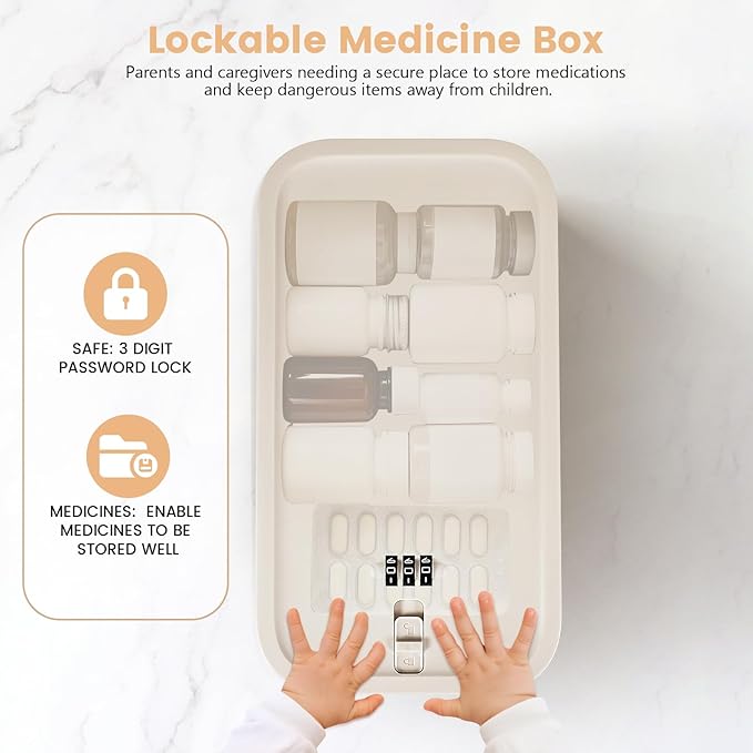 Small Lock Box,Lockable Storage Box with Combination Code for Medication Safe, Medicine Lock Box for Pills/First Aid Kits/Food/Snack Phone Jail,Locked Container for Home/Fridge/Office/School (Beige)