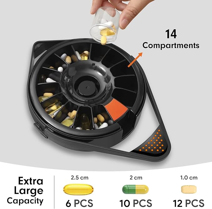 Fullicon Weekly Pill Dispenser Organizer with 14 Large Compartments and Child-Proof Lock, Spindo Medicine Dispenser-Dispense Vitamin/Tablet/Supplement for Elderly/Amnesia/Dementia