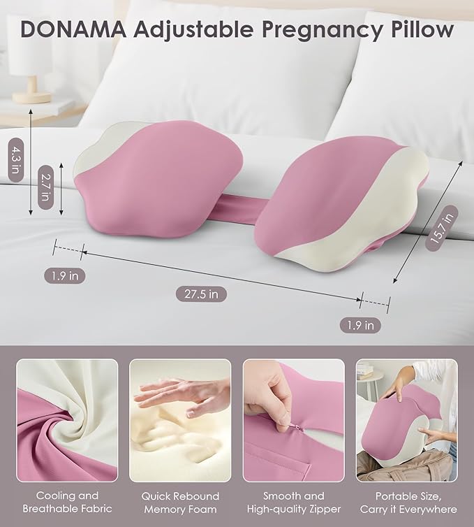 DONAMA Memory Foam Pregnancy Pillow- with Adjustable Air Bag for Back/Legs/Belly/HIPS Support, W-Shaped Pregnancy Wedge Pillows for Sleeping, Cooling Maternity Body Pillow for Pregnant Women