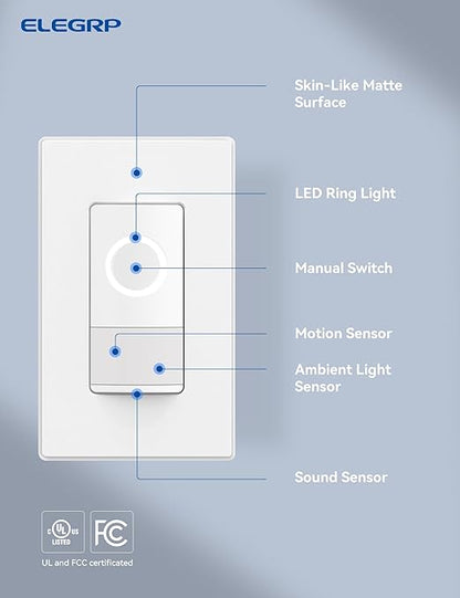ELEGRP Smart Motion Sensor Switch, 2.4GHz Wi-Fi Single Pole Light Switch Works with Alexa & Google Assistant, APP Remote Control, Neutral Wire Required, UL Certified, No Hub Required (White, 1 Pack)