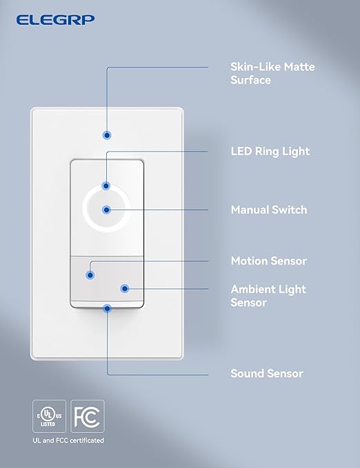 ELEGRP Smart Motion Sensor Switch, 2.4GHz Wi-Fi Single Pole Light Switch Works with Alexa & Google Assistant, APP Remote Control, Neutral Wire Required, UL Certified, No Hub Required (White, 4 Pack)