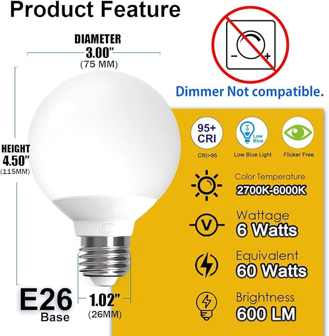 ILC G25 Globe Light Bulbs, App-Controlled Vanity Light Bulbs with Bluetooth Mesh, Color Changing, 1600 Million Colors, 6W, 60W Equivatlent, 600LM, CCT: 2700K-6000K, CRI>95+, E26 Base (6 Pack)