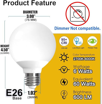 ILC G25 Globe Light Bulbs, App-Controlled Vanity Light Bulbs with Bluetooth Mesh, Color Changing, 1600 Million Colors, 6W, 60W Equivatlent, 600LM, CCT: 2700K-6000K, CRI>95+, E26 Base (6 Pack)