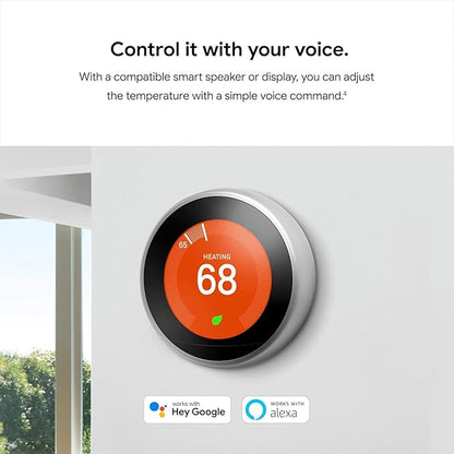 Google Nest Learning Thermostat - 3rd Gen - Programmable Smart Thermostat for Home - Compatible with Alexa (Polished Steel)
