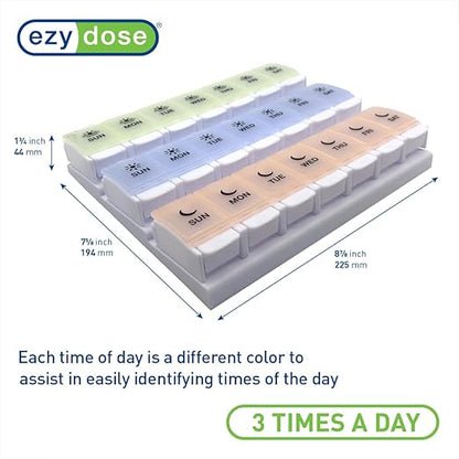 EZY DOSE Weekly (7-Day) Pill Case, Daily Medicine Planner, Vitamin Organizer Container, Large Push Button Compartments, Easy to Use, 3 Times a Day, Spring Open Design, Pastel Rainbow Lids, BPA Free