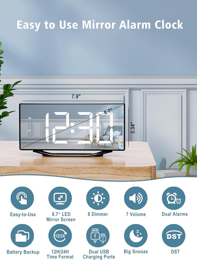 8.7” Mirror Digital Alarm Clock for Bedroom, LED Digital Clock Large Display with Battery Backup, 2 USB Charger Ports, Dual Alarms, 8 Dimmer & 7 Volume, Aesthetic Slim Clock for Desk Modern Decoration