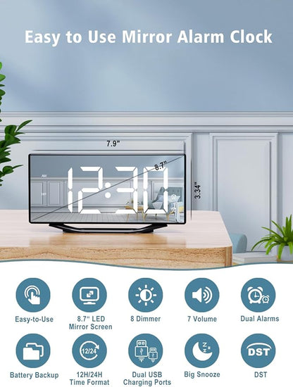 8.7” Mirror Digital Alarm Clock for Bedroom, LED Digital Clock Large Display with Battery Backup, 2 USB Charger Ports, Dual Alarms, 8 Dimmer & 7 Volume, Aesthetic Slim Clock for Desk Modern Decoration