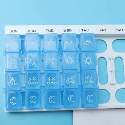 7 Day Timed Medicine Box with Alarm Reminder 28 Grids Compartments Removable Timer Backlight Weekly Pill Organizer for Vitamins and Pills 7.48 * 4.13 * 0.98inch