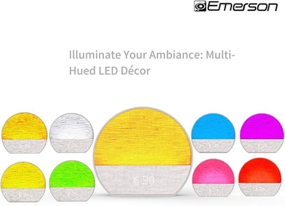 Emerson CKSS7801WM Sunrise Smartset Alarm Clock with White Noise, 4 Soothing Sounds and 2 Wake up Sounds, 8-Color Dimmable LED, Bluetooth Speaker, White with Tan