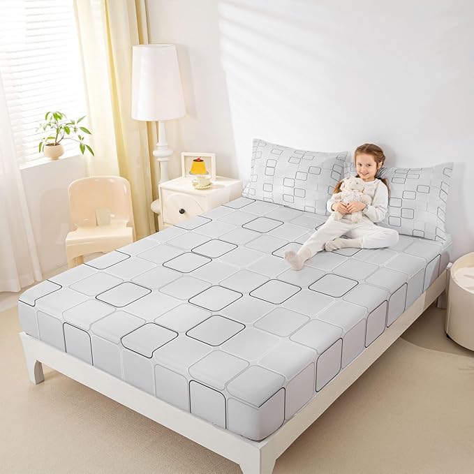 Plaid Kids Twin Size Fitted Sheet,Patchwork Geometric Grid Boys Girls Bed Sheets,Modern Simple Abstract Room Decor,Gray Bedding Set,1 Pillowcase(No Flat)