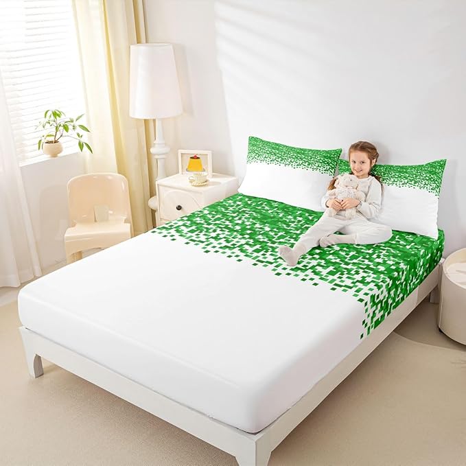 Pixelated Game Kids Full Size Fitted Sheet,Geometric Check Video Games Room Decor,Gamepad Grid Abstract Gaming Boys Girls Bed Sheets,Green White Bedding Set,2 Pillowcases(No Flat)