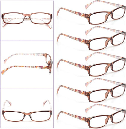 Kerecsen Reading Glasses 5 Pairs Fashion Ladies Readers Spring Hinge with Pattern Print Eyeglasses for Women (5 Brown, 1.25, x)