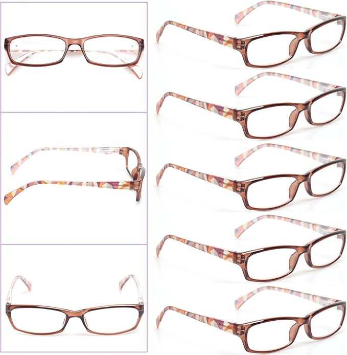 Kerecsen Reading Glasses 5 Pairs Fashion Ladies Readers Spring Hinge with Pattern Print Eyeglasses for Women (5 Brown, 2.75, x)
