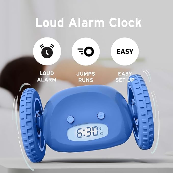 CLOCKY Alarm Clock on Wheels – Loud Rolling Alarm Clock for Heavy Sleepers | Runaway Clock That Jumps & Runs to Wake You Up | Funny Unique Gift for Adults, Teens & Kids Bedrooms (Blue)