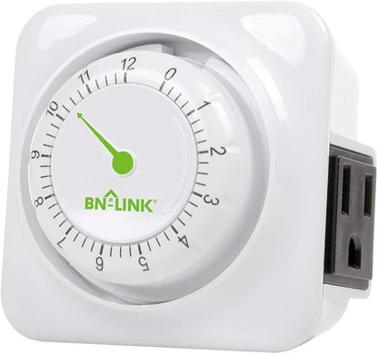 BN-LINK 12 Hour Indoor Mechanical Accurate Countdown Timer, 3-Prong Grounded Outlet, 15 Minute Increments, Energy Saving for Kitchen, Phone Charger, Lamps, Holiday Decoration 1875W, 1/2 HP, ETL Listed