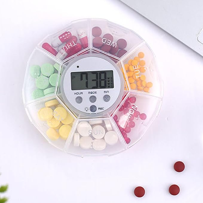 Smart Pill Dispenser - Travel Organizer, LED Light, Timer Reminder | 7 Compartment Medicine Storage Box, Portable Supplement Container with Voice Recording, Compact Health Care Organizer for Daily Use