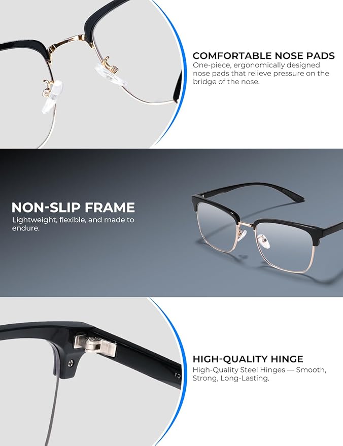 Blue Light Glasses Men Rectangle Large Browline Computer Gaming Glasses Blue Blocker Anti-Glare Uv400 Protection Clear Lens
