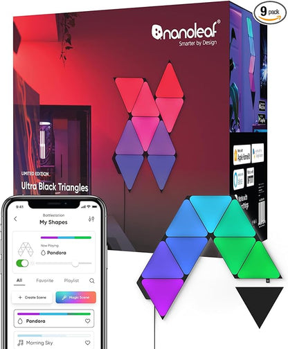 Nanoleaf Shapes Black Triangle LED Wall Lights, Smart RGBW Gaming Lights for Room & Modern Decor, 16M+ Colors with Music Sync, Works with Alexa & Google Assistant, DIY Wall Art (9-Pack Smarter Kit)