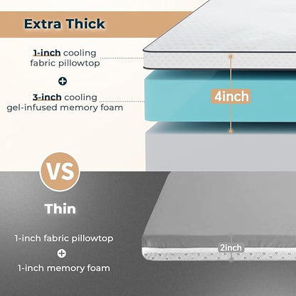 4 Inch Memory Foam Mattress Topper Twin Size - Dual Layer 3 Inch Cooling Gel Memory Pad and 1 Inch Pillow Top Mattress Cover for Back Pain - 54" x 75" x 4"
