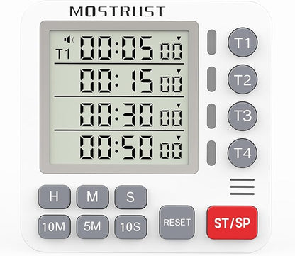 Digital Dual Kitchen Timer, 4 Channels Independent Countdown Timer, Large Display, On/Off, Loud Volume Alarm and Flashing Light with Magnetic Back, Stand, Battery Included (White)