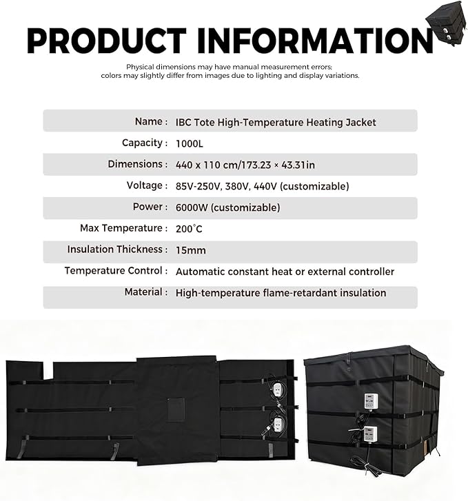 IBC Tote Heating Jacket, IBC Tote Insulation Blanket, 1000L, Smart Temperature Control up to 200°C, IBC Tote Blanket with Thermostat, For petroleum, chemical, food processing Black