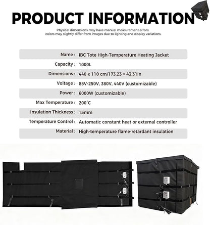 IBC Tote Heater Blanket, IBC Tote Insulation Blanket, 1000L, Smart Temperature Control up to 200°C, IBC Tote Blanket with Thermostat, for Petroleum, Chemical, Food Processing Black
