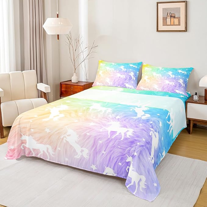 Unicorn Sheet Set Queen Animal Watercolor Bed Sheet Set 4pcs with Deep Pocket Fitted Sheet + Flat Sheet + 2 Pillowcases Rainbow Fantasy Princess Style Soft Bedding Set for Kids Teens Girls Room Decor