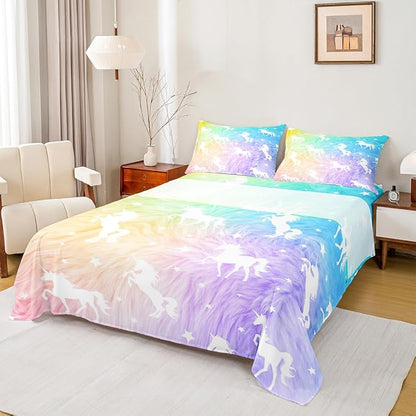 Unicorn Sheet Set Queen Animal Watercolor Bed Sheet Set 4pcs with Deep Pocket Fitted Sheet + Flat Sheet + 2 Pillowcases Rainbow Fantasy Princess Style Soft Bedding Set for Kids Teens Girls Room Decor