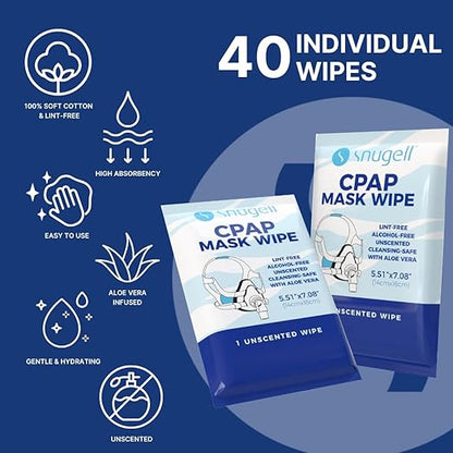 Snugell Unscented Individual CPAP Mask Wipes – Travel-Friendly 40-Pack– Lint & Alcohol-Free,Skin-Safe with Aloe Vera– Perfect for Convenient, Hassle-Free Cleaner & Sanitizer of CPAP Masks & Equipment