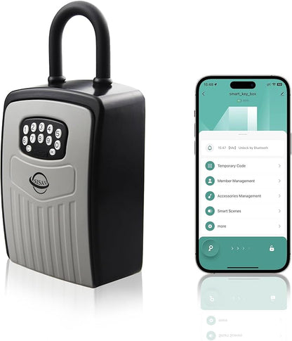 Smart Bluetooth Key Lock Box,Remote Access via App/Code,Resettable 6-Digit Combination,Large Capacity for 5 Keys,Wall-Mounted,No WiFi Needed,Grey(with Shackle)