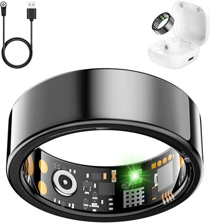 Smart Health Ring for Women Men, Fitness Tracker Ring with Heart Rate, Blood Oxygen, Sleep Tracker, Step Tracker, No Subscription Fee, IP68 Waterproof Smart Ring for iPhone & Android (Black, 8#)