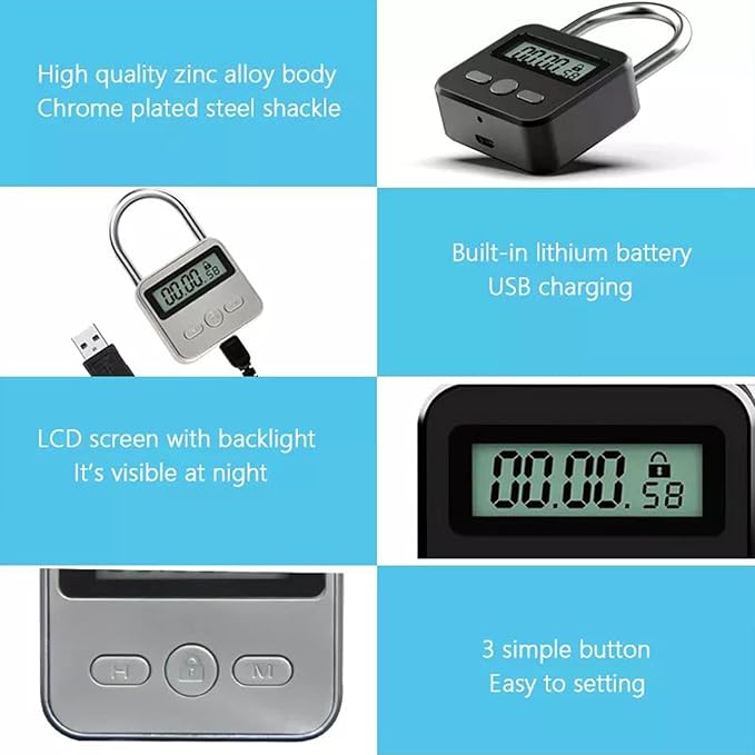 Combination Lock, Metal Timer Lock,Timers,USB Rechargeable Time Timer Padlock with 1m Spring Rope,99 Hours Max Timing Self-Discipline Anti-Addiction Timed Padlock（Silver