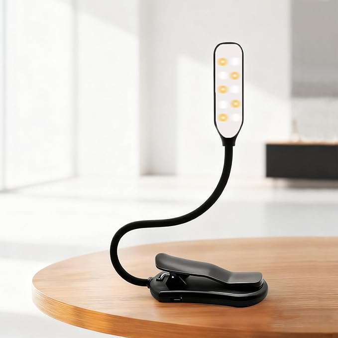 Rechargeable Reading Light, 10LED Beads with 3 Color Temperatures (3000K-6000K), Eye-Caring for Reading, Portable Book Clip Design + Non-Slip Base & 360° Flexible Gooseneck