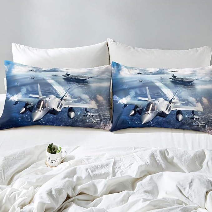 Fighter Aricraft Kids Fitted Sheet Queen Size,Warplane Warship Ocean Waves Bedding Set,Boys Men Room Decor,Aviation Theme Modern Fashion Bed Cover,Blue Bed Sheet,2 Pillowcases