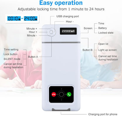 Phone Lock Box with Timer,Phone Lock Box,90 Days of Continuous Use,Quiet Mode,2 Charging Ports,Excessive Games,Mobile Phone Addiction