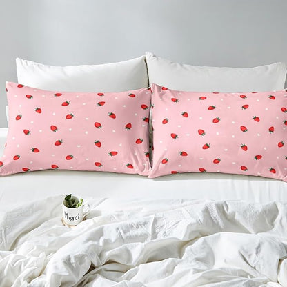 Red Strawberry Kids Fitted Sheet Twin Size,Love Heart Sweet Princess Style Bedding Set,Girls Women Room Decor,Tropical Fruits Strawberry Bed Cover,Pink Romantic Bed Sheet,1 Pillowcase