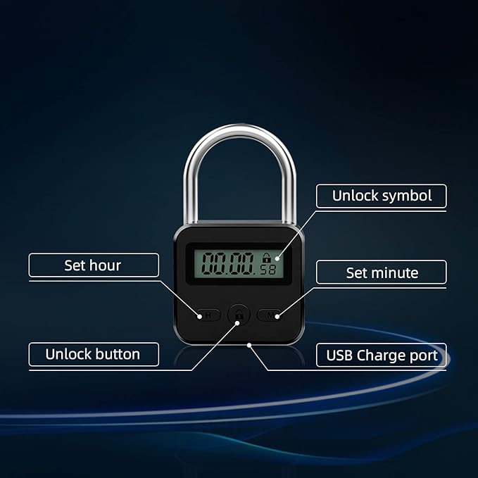 Combination Lock,Metal Timer Lock,USB Rechargeable Time Timer Padlock with 1m Spring Rope,99 Hours Max Timing Self-Discipline Anti-Addiction Timed Padlock (Black)