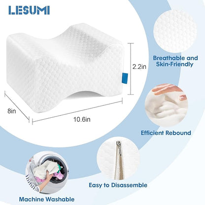 Memory Foam Knee Pillow, Sleeping Leg Pillow, for Side Sleepers & Pregnant Women - for Spinal Alignment, Relief Sciatica, Knee, Back, Leg & Hip Pain, with Washable Cover & Travel Bag, White